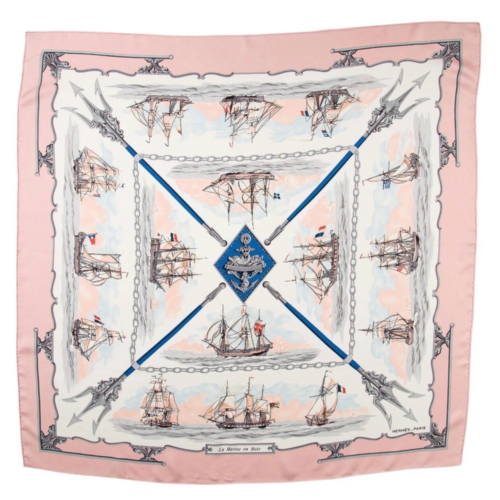 HERMES Never Worn Vintage “The Wooden Marine” Pink Carre 90 Silk Twill Scarf - Picture 1 of 16